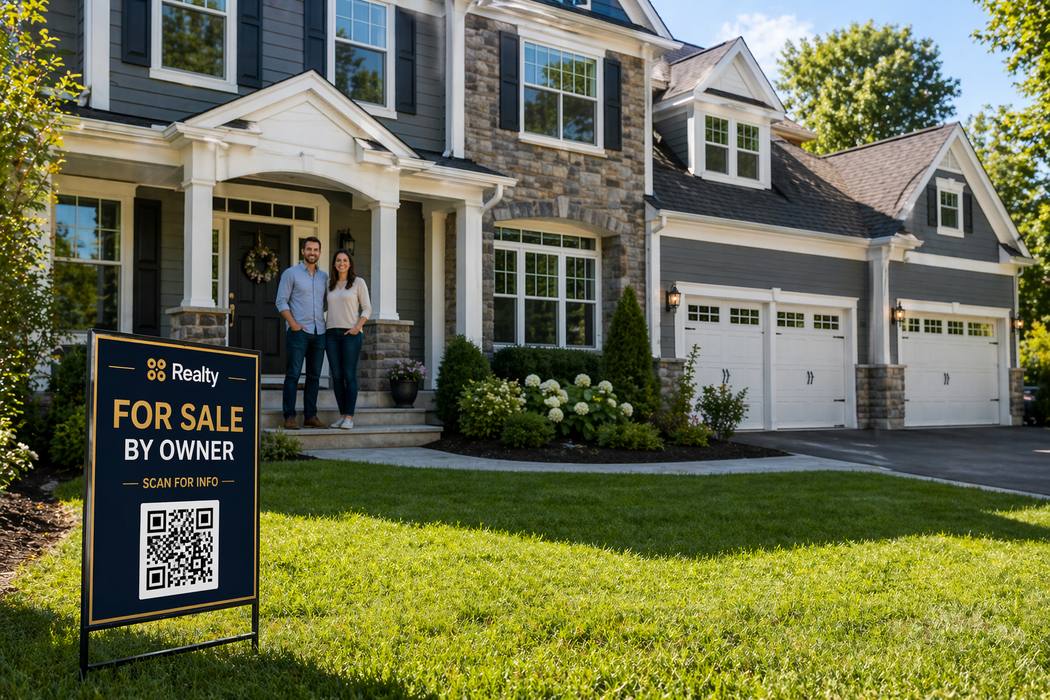 Homeowner couple with FSBO QR sign in yard
